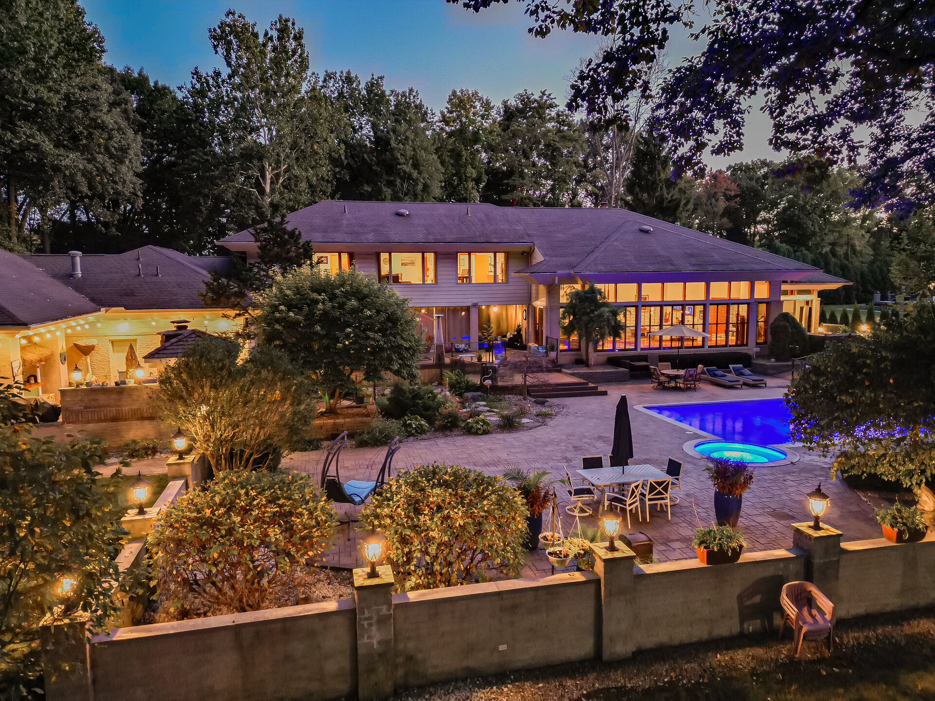 Twilight Estate — elevated drone at dusk