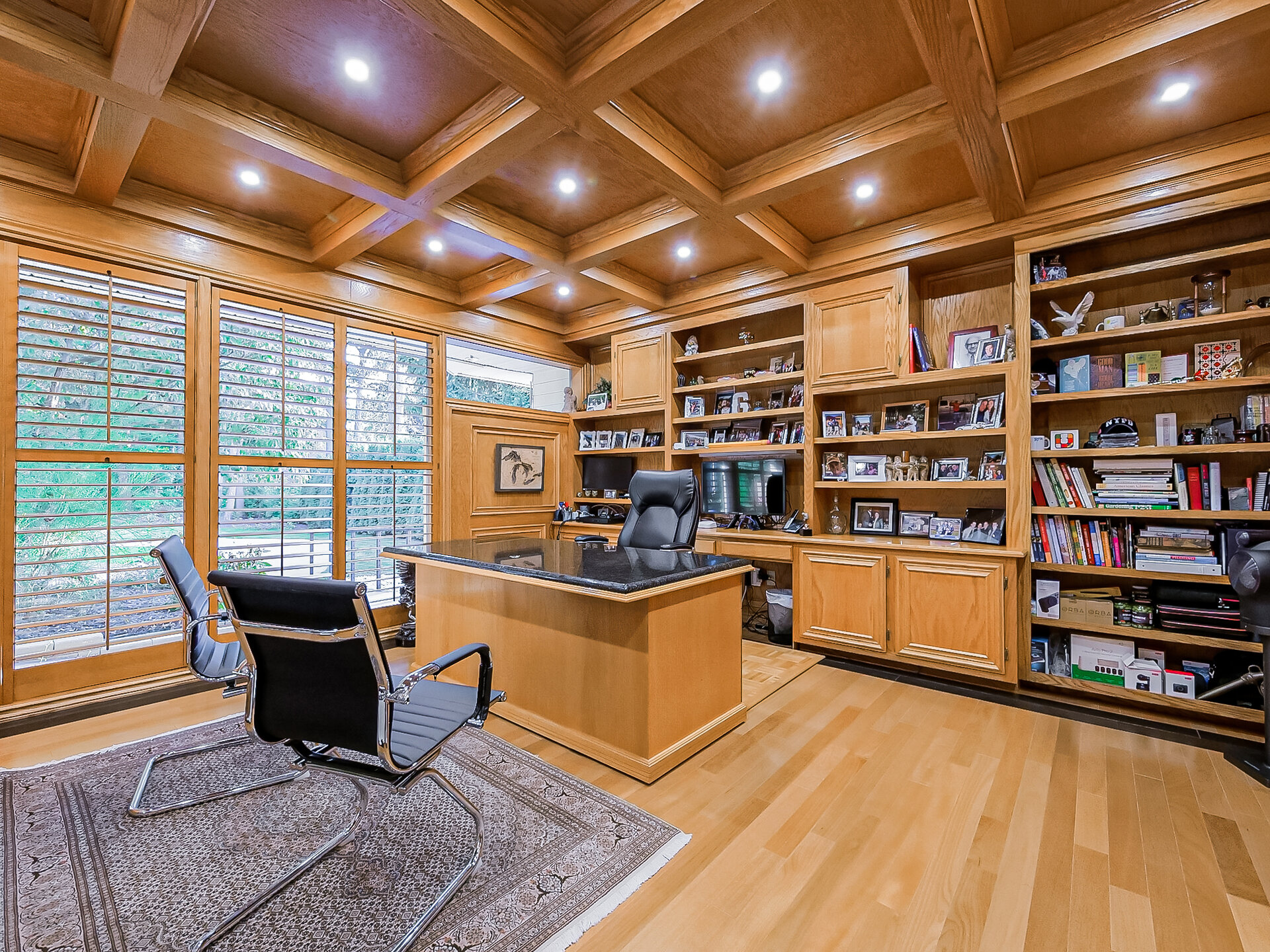 Office with coffered ceiling
